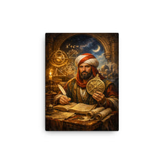 Al Khwarizmi with astrolabe and algebraic diagrams canvas print on a plain backdrop in size 12"x16".