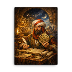 Al Khwarizmi with astrolabe and algebraic diagrams canvas print on a plain backdrop in size 18"x24".