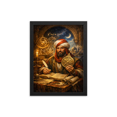 Al Khwarizmi with astrolabe and algebraic diagrams framed print on a plain backdrop in size 12"x16".