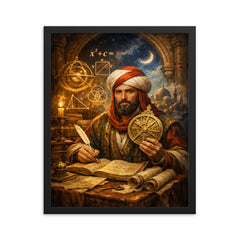 Al Khwarizmi with astrolabe and algebraic diagrams framed print on a plain backdrop in size 16"x20".