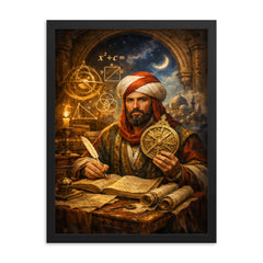 Al Khwarizmi with astrolabe and algebraic diagrams framed print on a plain backdrop in size 18"x24".