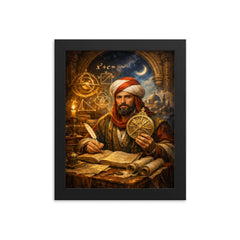 Al Khwarizmi with astrolabe and algebraic diagrams framed print on a plain backdrop in size 8"x10".
