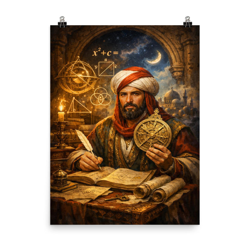 Al Khwarizmi with astrolabe and algebraic diagrams poster on a plain backdrop in size 8