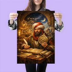 Al Khwarizmi with astrolabe and algebraic diagrams poster 3