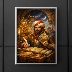 Al Khwarizmi with astrolabe and algebraic diagrams poster 5