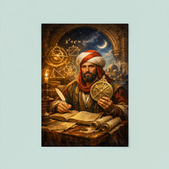 Al Khwarizmi with astrolabe and algebraic diagrams poster 8