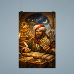 Al Khwarizmi with astrolabe and algebraic diagrams poster 9