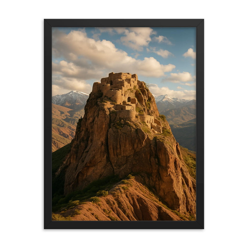 Alamut Castle Iran framed print on a plain backdrop in size 18