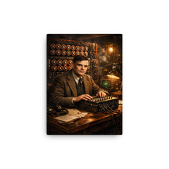 Alan Turing at Bletchley Park machines canvas print on a plain backdrop in size 12"x16".