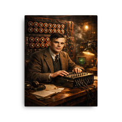 Alan Turing at Bletchley Park machines canvas print on a plain backdrop in size 16"x20".