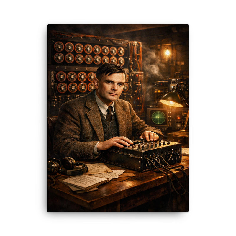 Alan Turing at Bletchley Park machines canvas print on a plain backdrop in size 18