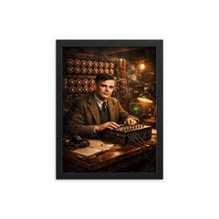 Alan Turing at Bletchley Park machines framed print on a plain backdrop in size 12"x16".