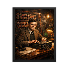 Alan Turing at Bletchley Park machines framed print on a plain backdrop in size 16"x20".