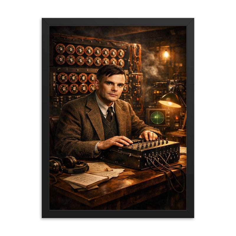 Alan Turing at Bletchley Park machines framed print on a plain backdrop in size 18