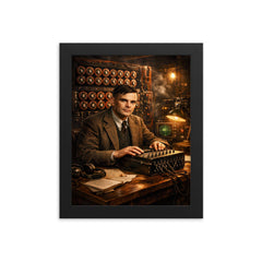 Alan Turing at Bletchley Park machines framed print on a plain backdrop in size 8"x10".