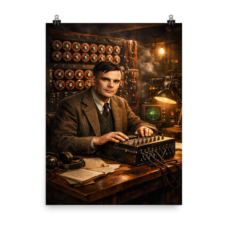Alan Turing at Bletchley Park machines poster on a plain backdrop in size 8