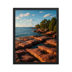 Aland Red Granite Shores Finland framed print on a plain backdrop in size 16"x20".