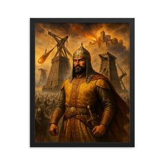 Alauddin Khalji under siege engines at Chittor framed print on a plain backdrop in size 16"x20".