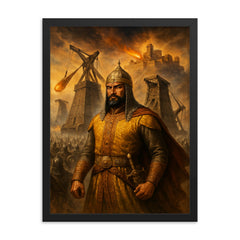 Alauddin Khalji under siege engines at Chittor framed print on a plain backdrop in size 18"x24".