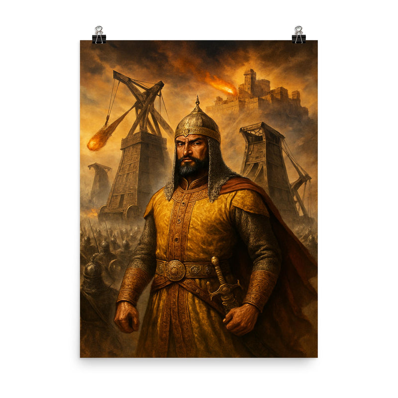 Alauddin Khalji under siege engines at Chittor poster on a plain backdrop in size 8