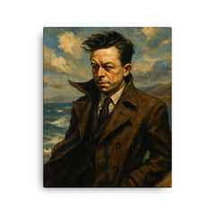 Albert Camus in an Algerian seascape wind canvas print on a plain backdrop in size 16"x20".