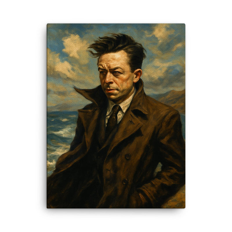 Albert Camus in an Algerian seascape wind canvas print on a plain backdrop in size 18