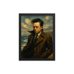 Albert Camus in an Algerian seascape wind framed print on a plain backdrop in size 12"x16".