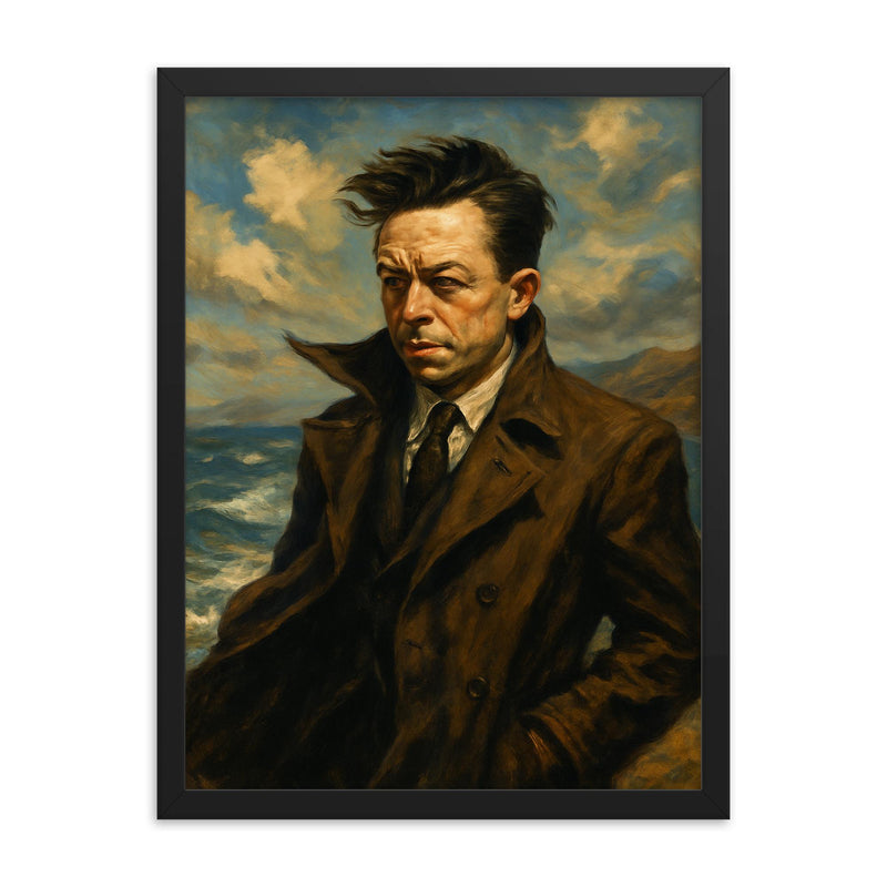 Albert Camus in an Algerian seascape wind framed print on a plain backdrop in size 18