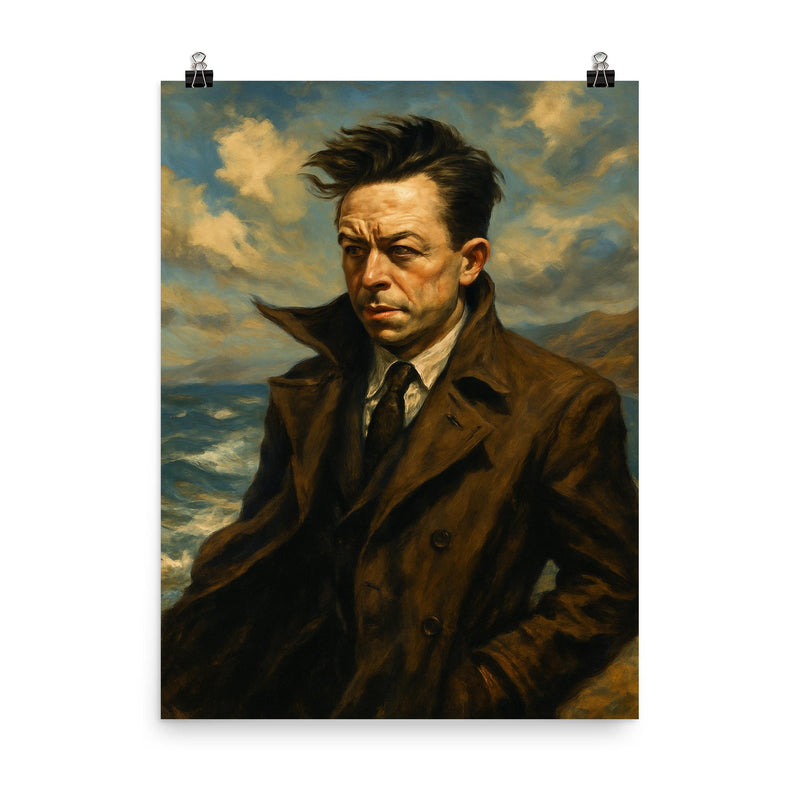 Albert Camus in an Algerian seascape wind poster on a plain backdrop in size 8