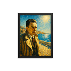 Albert Camus on a blinding Algerian seafront framed print on a plain backdrop in size 12"x16".