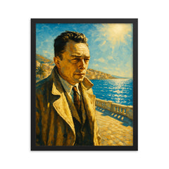 Albert Camus on a blinding Algerian seafront framed print on a plain backdrop in size 16"x20".