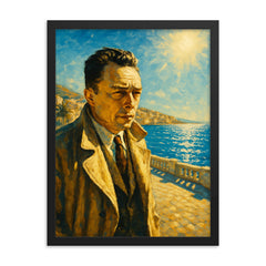 Albert Camus on a blinding Algerian seafront framed print on a plain backdrop in size 18"x24".