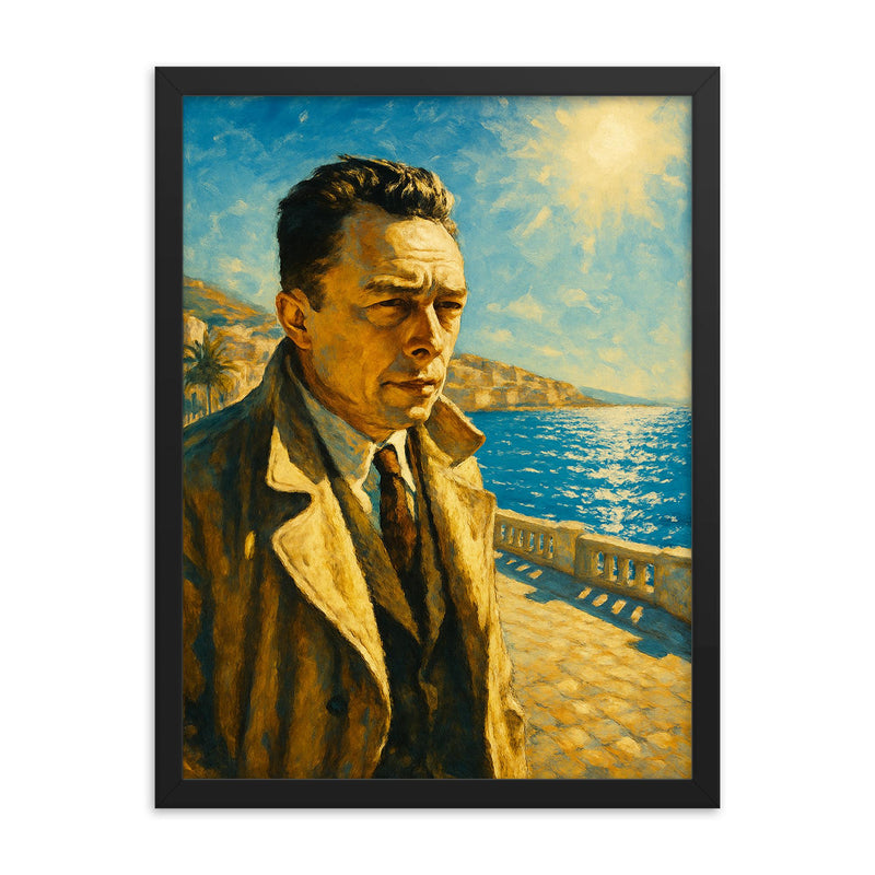 Albert Camus on a blinding Algerian seafront framed print on a plain backdrop in size 18