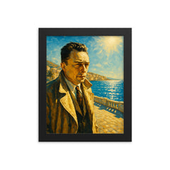 Albert Camus on a blinding Algerian seafront framed print on a plain backdrop in size 8"x10".