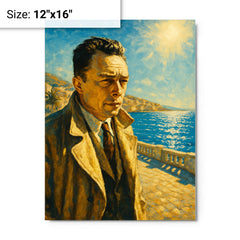 Albert Camus on a blinding Algerian seafront metal print on a plain backdrop in size 12"x16".