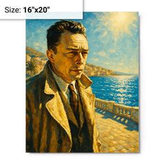 Albert Camus on a blinding Algerian seafront metal print on a plain backdrop in size 16"x20".