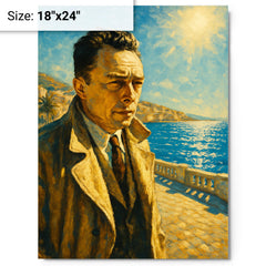 Albert Camus on a blinding Algerian seafront metal print on a plain backdrop in size 18"x24".