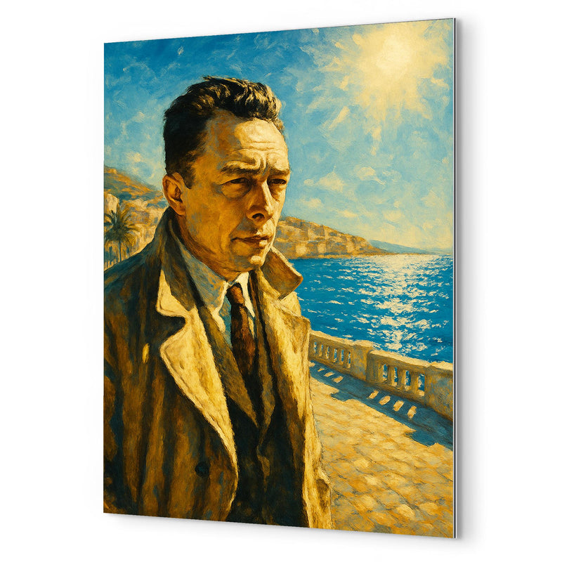Albert Camus on a blinding Algerian seafront metal print mockup