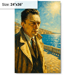 Albert Camus on a blinding Algerian seafront metal print on a plain backdrop in size 24"x36".