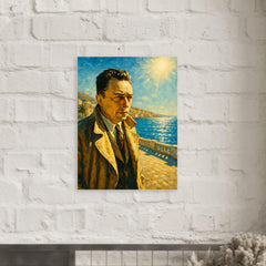 Albert Camus on a blinding Algerian seafront metal print mockup