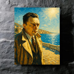 Albert Camus on a blinding Algerian seafront metal print mockup