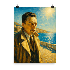 Albert Camus on a blinding Algerian seafront poster on a plain backdrop in size 8"x10".