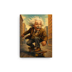 Albert Einstein with his hair flying riding a skateboard down a city street canvas print on a plain backdrop in size 12"x16".