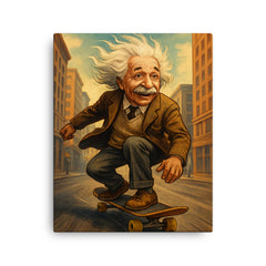Albert Einstein with his hair flying riding a skateboard down a city street canvas print on a plain backdrop in size 16"x20".