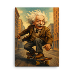 Albert Einstein with his hair flying riding a skateboard down a city street canvas print on a plain backdrop in size 18"x24".