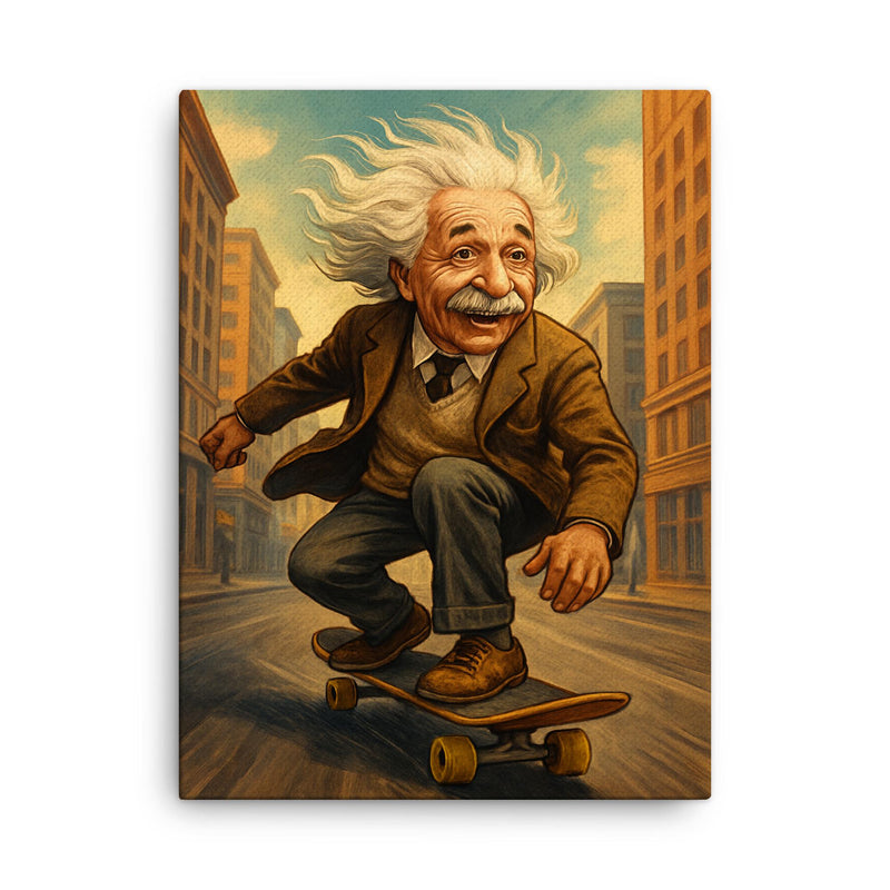 Albert Einstein with his hair flying riding a skateboard down a city street canvas print on a plain backdrop in size 18