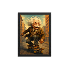 Albert Einstein with his hair flying riding a skateboard down a city street framed print on a plain backdrop in size 12"x16".