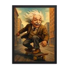 Albert Einstein with his hair flying riding a skateboard down a city street framed print on a plain backdrop in size 18"x24".