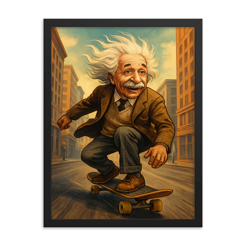 Albert Einstein with his hair flying riding a skateboard down a city street framed print on a plain backdrop in size 18