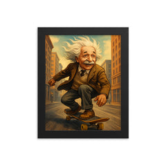 Albert Einstein with his hair flying riding a skateboard down a city street framed print on a plain backdrop in size 8"x10".